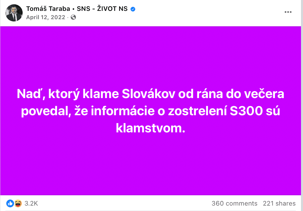 Príspevok, ktorý v novembri 2022 nahlásili úradníci Facebooku. Reprofoto Marker