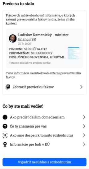 Upozornenie, ktoré prišlo čitateľovi Markeru zdieľajúcemu príspevok Ladislava Kamenického. Reprofoto Marker